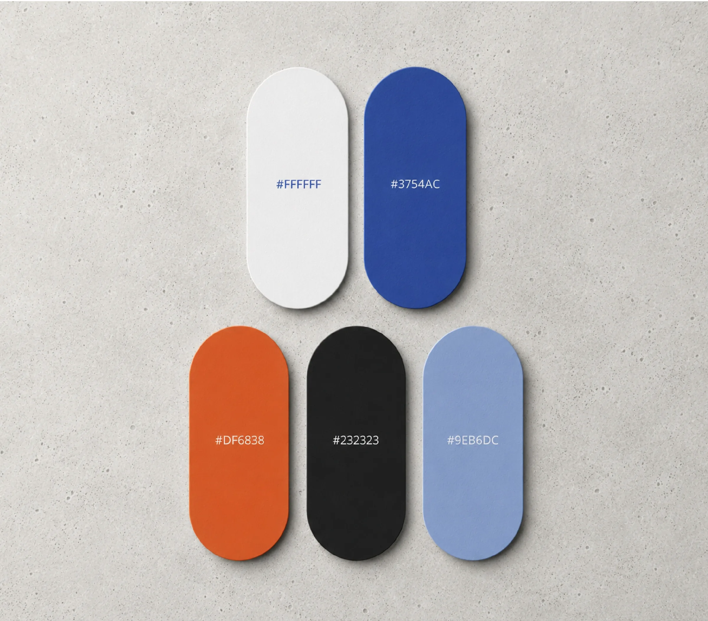 Biroon color palette with blue, white, orange, black, and pale blue