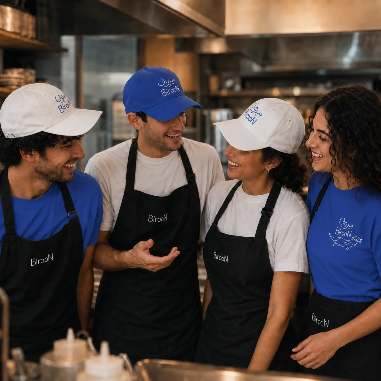 Biroon staff uniforms and packaging identity in cafe environment