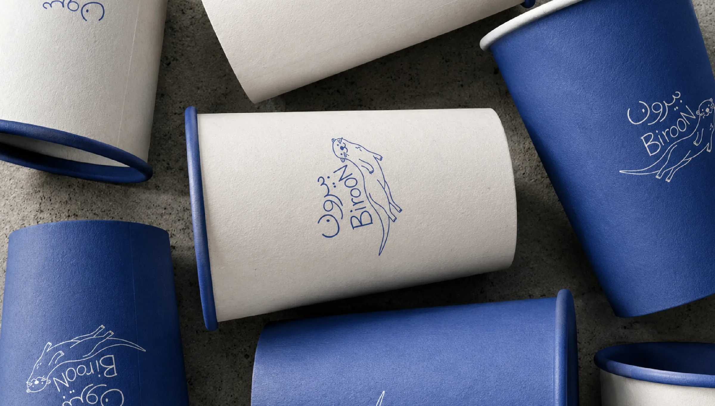 Biroon branded cup touchpoints in blue and white