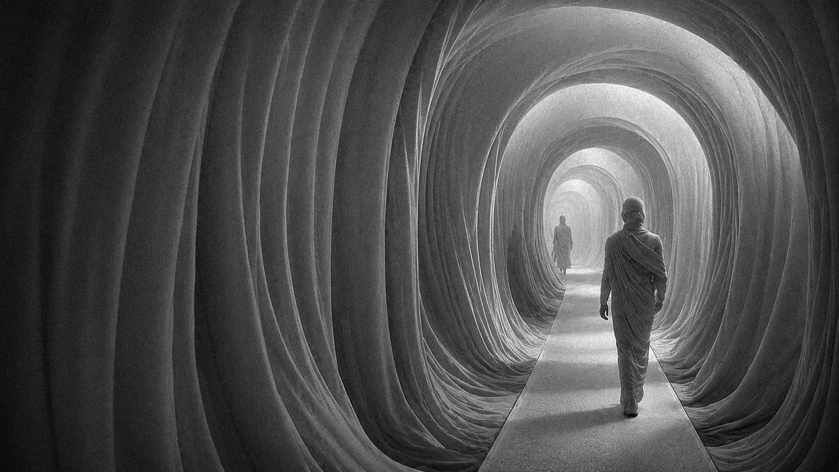 BLUR tunnel threshold with a figure walking through fabric-like rings