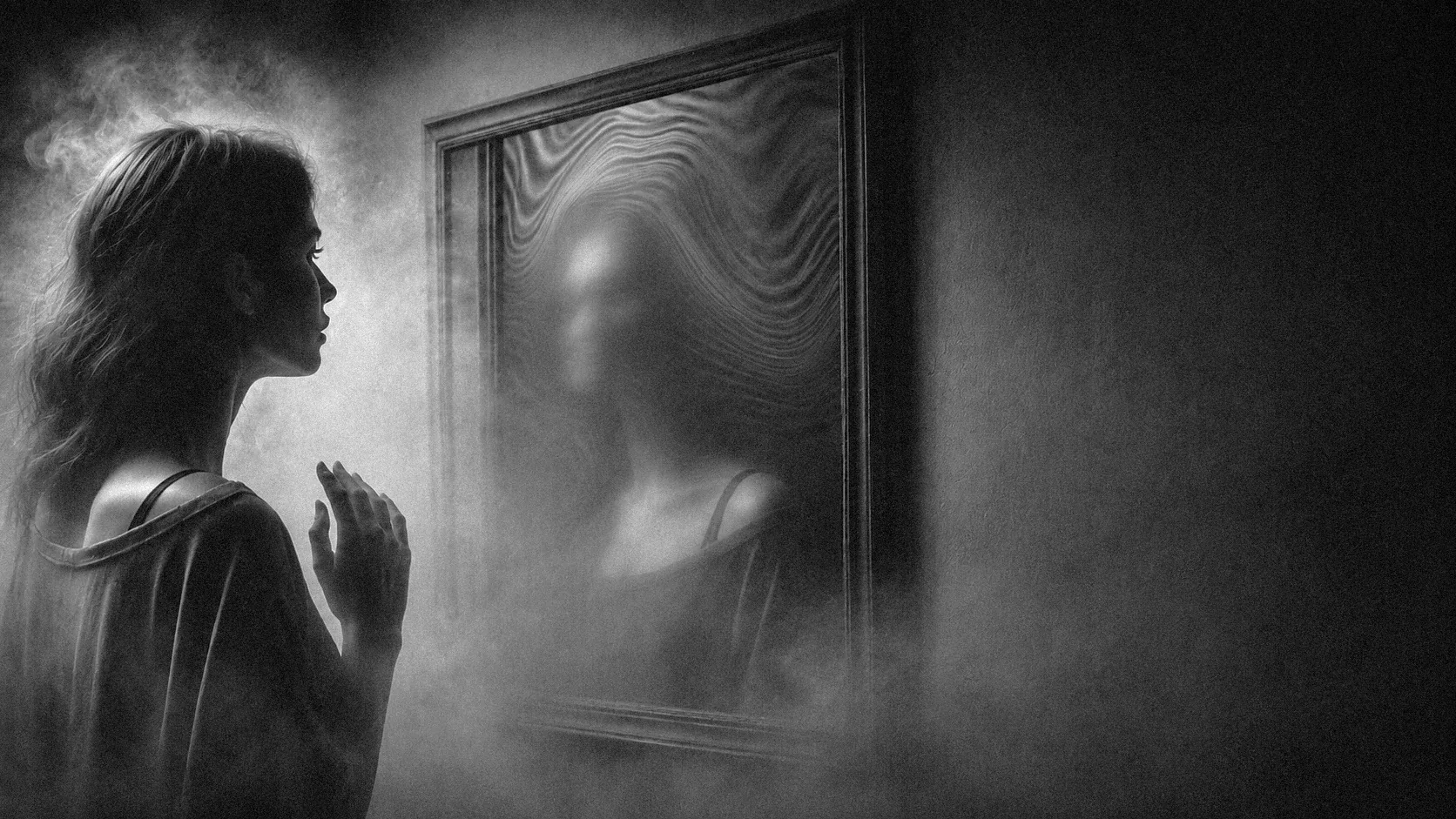 BLUR mirror scene with a silhouetted visitor and distorted reflection