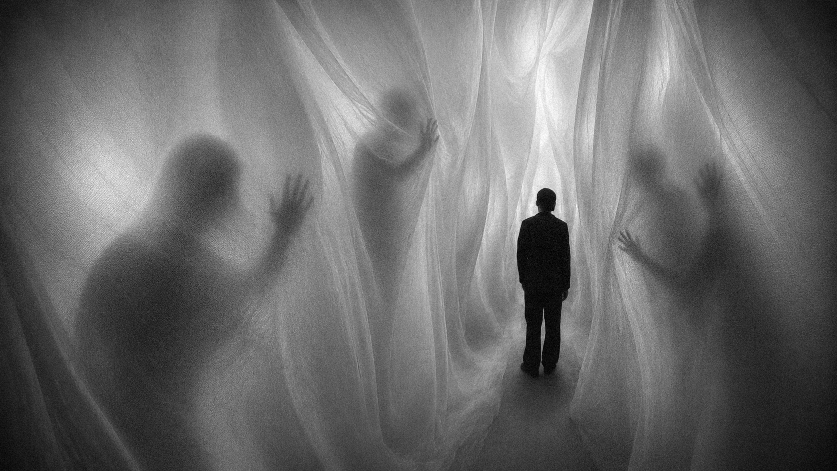 BLUR translucent curtain passage with figures behind fabric
