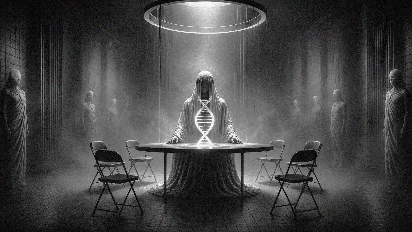 BLUR ritual table scene with glowing DNA form and seated chairs