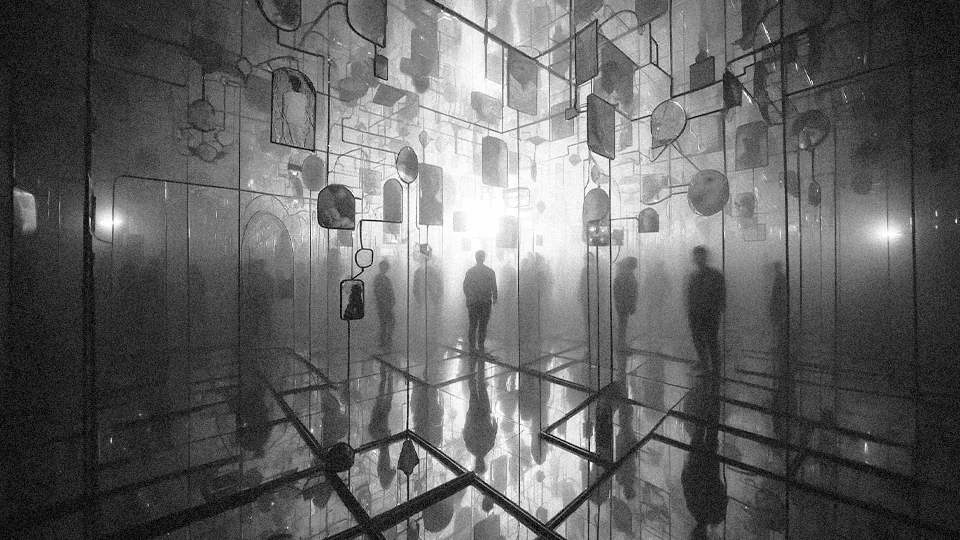 BLUR mirrored installation with suspended reflective forms and figures