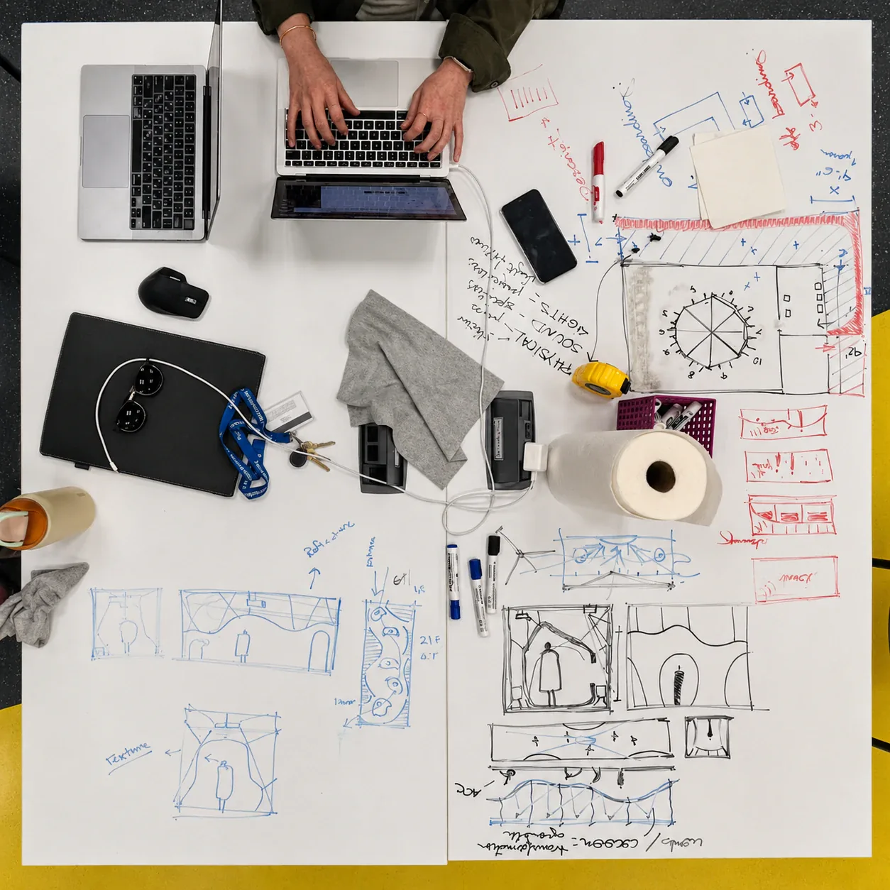 BLUR process table with sketches, notes, laptops, and spatial planning diagrams
