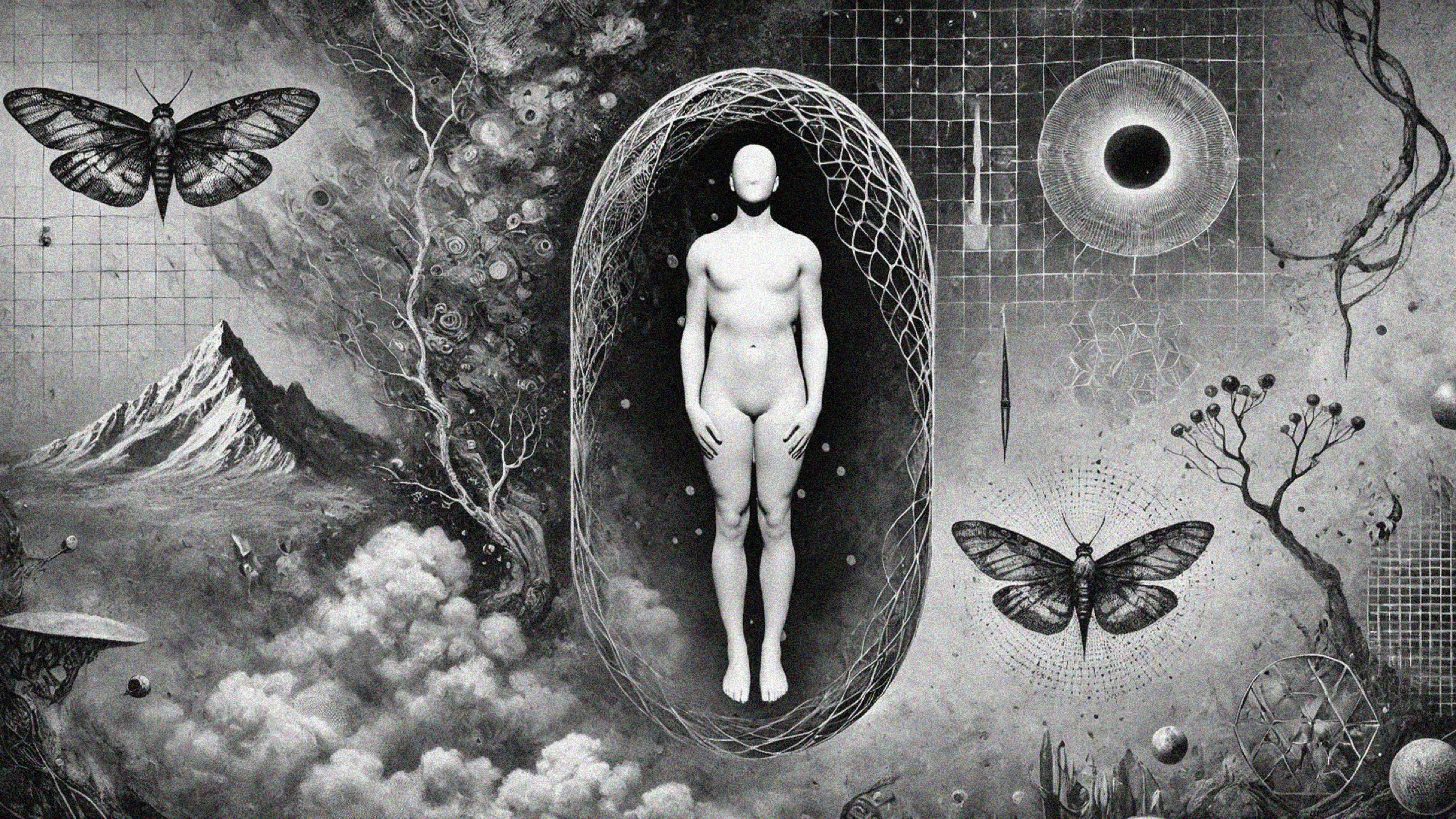 BLUR conceptual identity collage with faceless body and suspended form