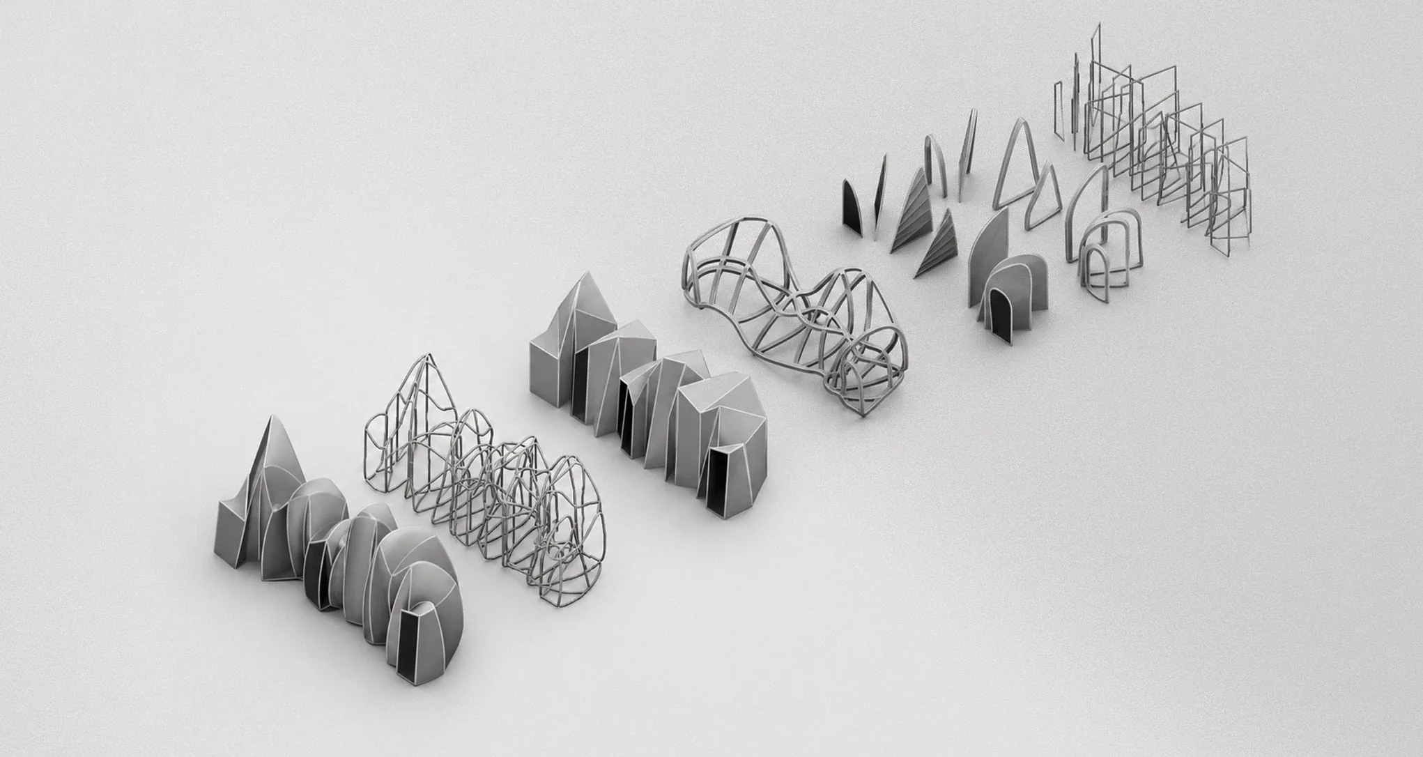 BLUR spatial world studies arranged as a sequence of structural forms