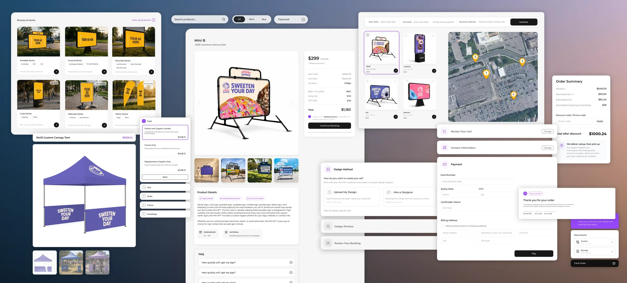 Curbex final product experience screens across browsing, product details, map availability, checkout, payment, order summary, and tracking