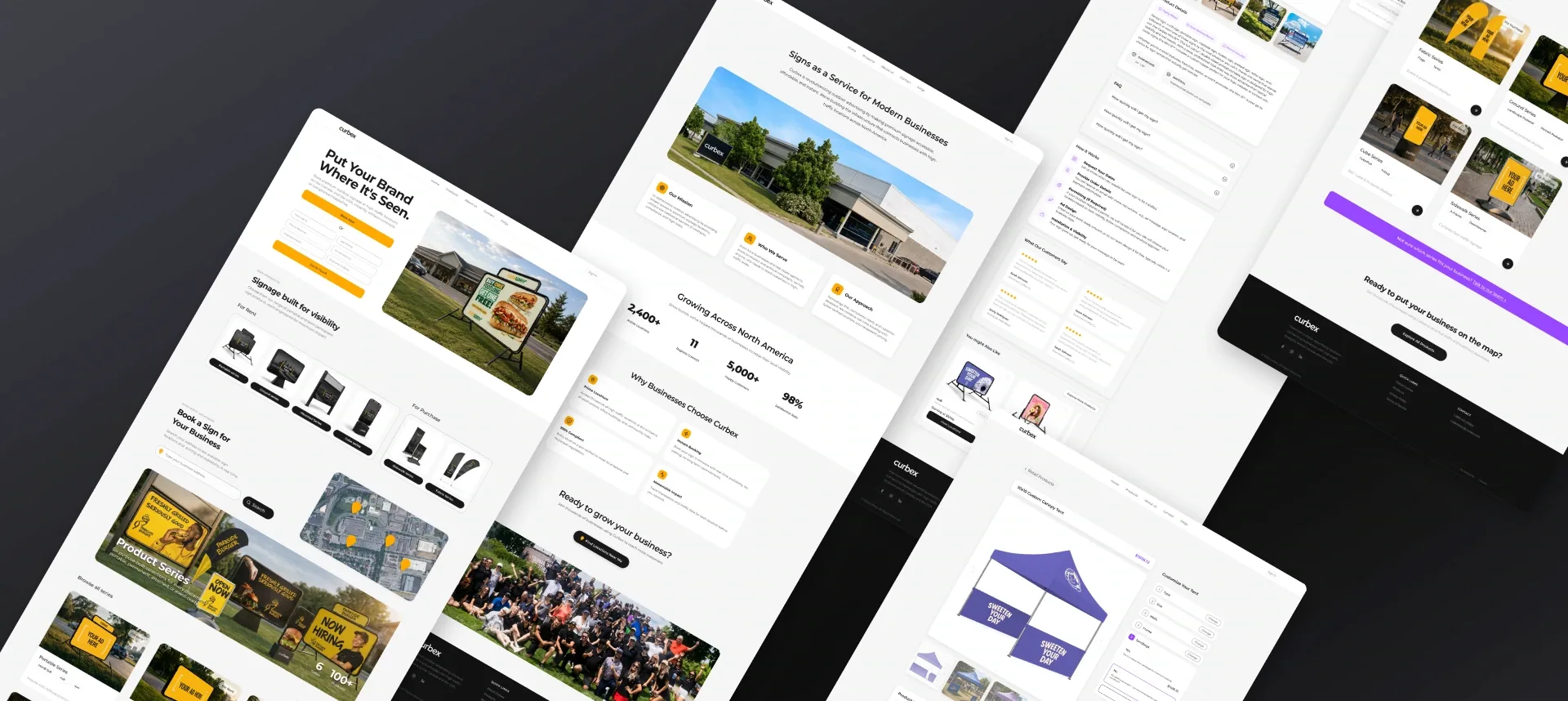 Angled overview of Curbex redesigned website screens showing homepage, service page, product configuration, checkout, and catalogue flows