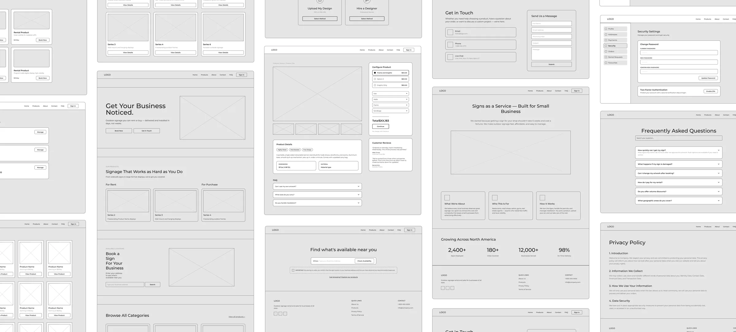 Curbex wireframe exploration frame showing product, booking, support, dashboard, FAQ, and policy screens