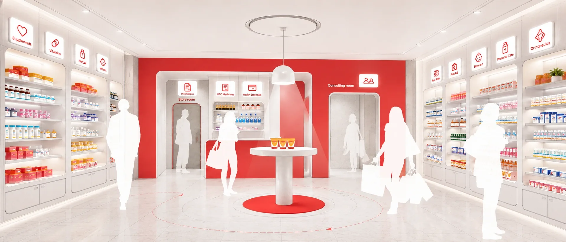 Druket pharmacy interior wayfinding and category signage render