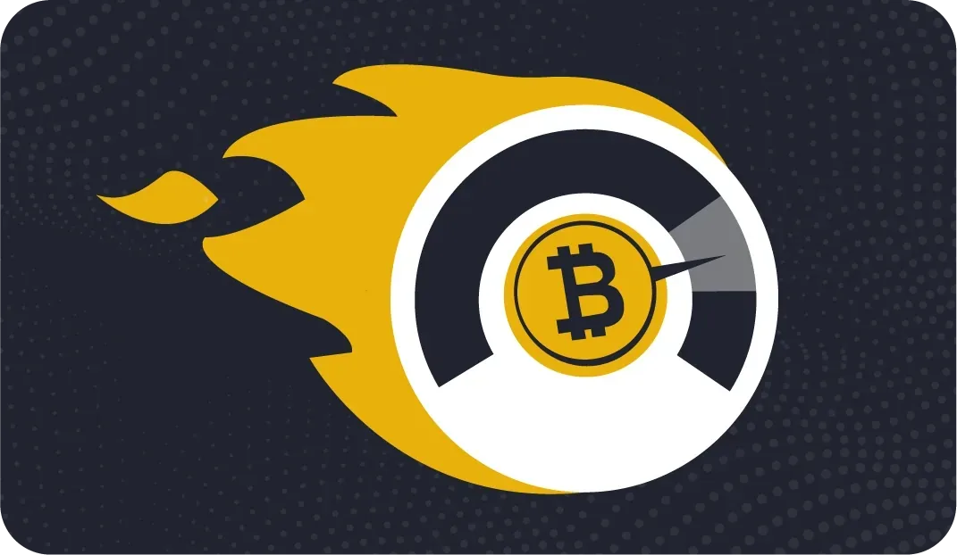 Rabex illustration showing a bitcoin speedometer on a dark background