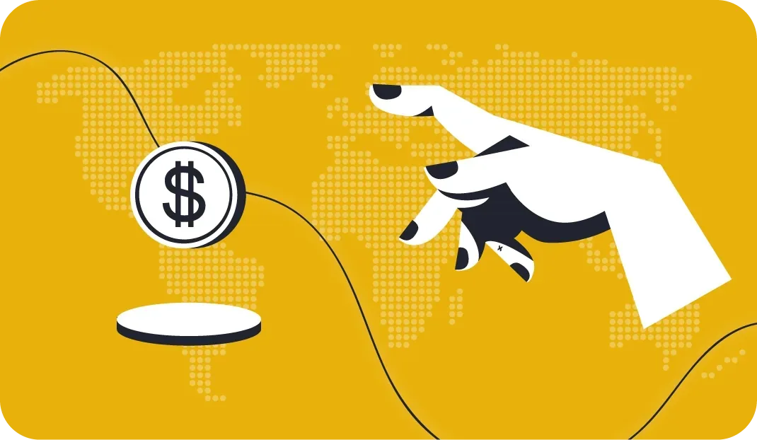 Rabex illustration with a hand and dollar coin over a yellow world map