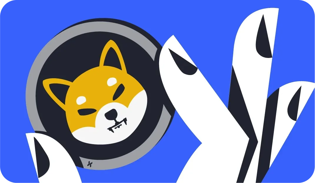 Rabex illustration with Shiba coin and hand gestures on blue