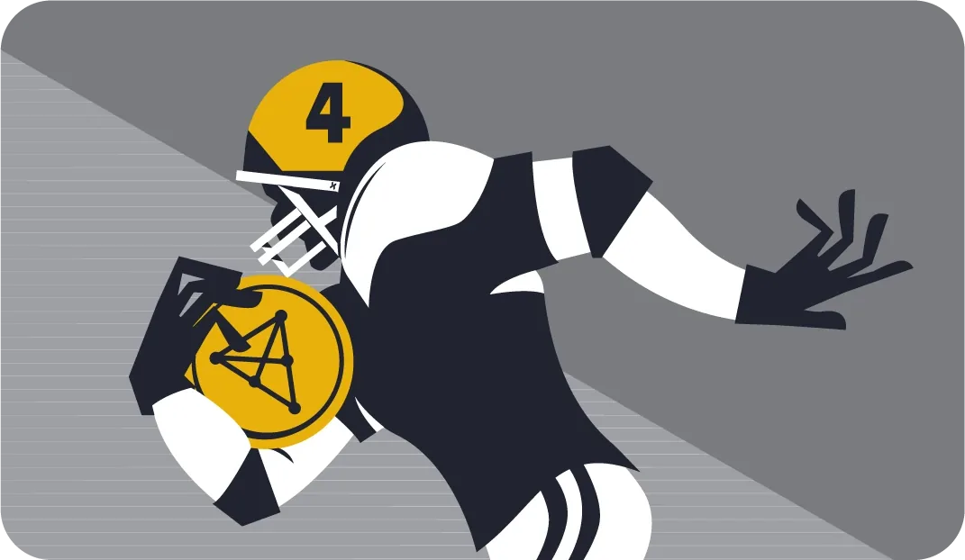 Rabex illustration of a football player holding a crypto symbol
