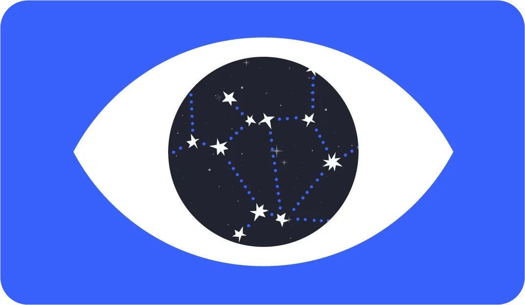 Rabex illustration of an eye with constellation lines on blue