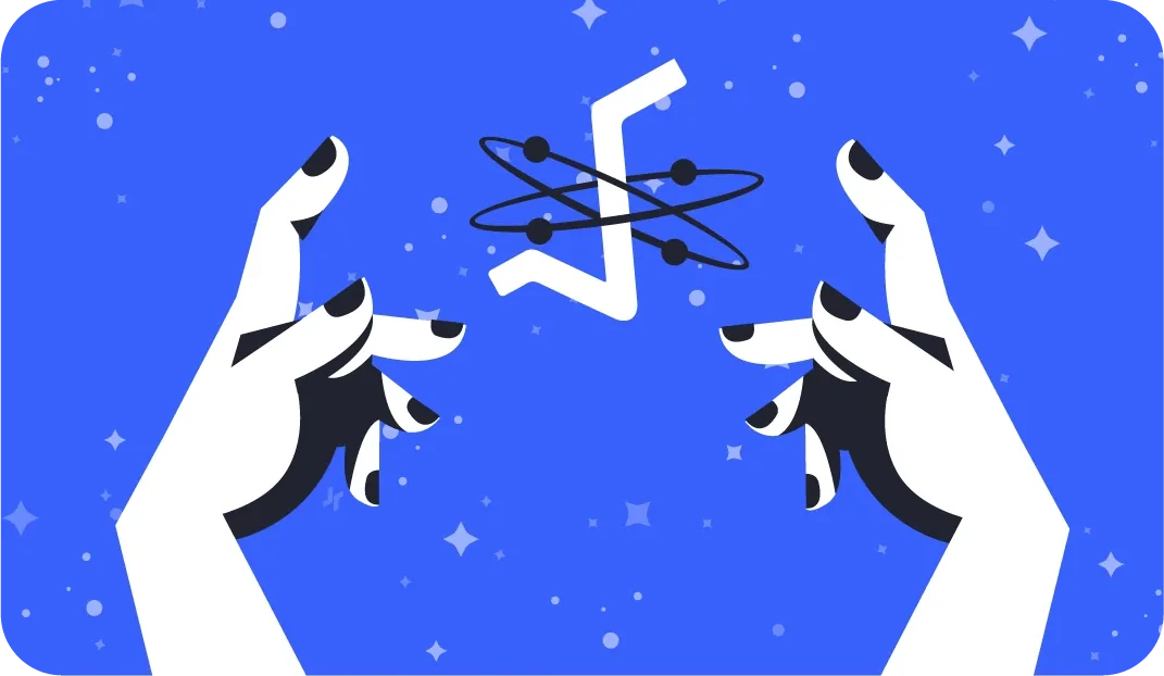 Rabex illustration of hands and brand symbol in a blue field