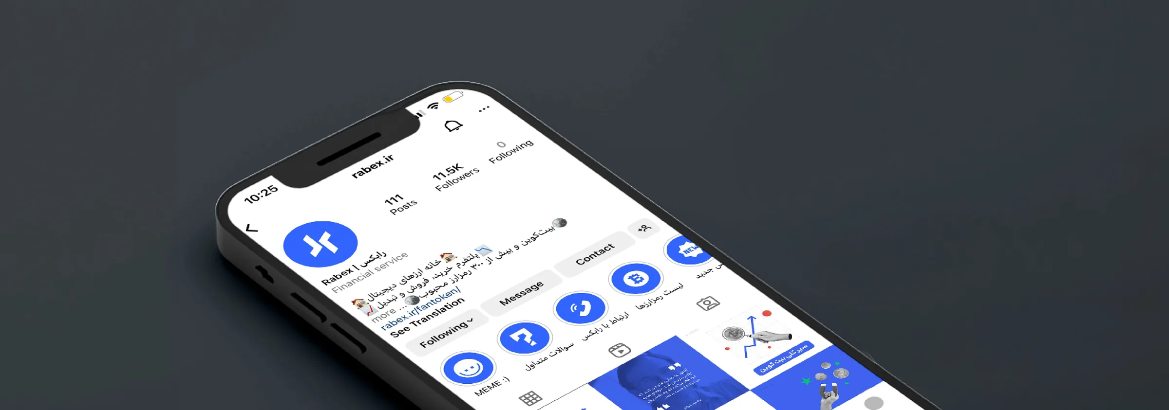 Rabex Instagram profile mockup showing highlights and branded social feed