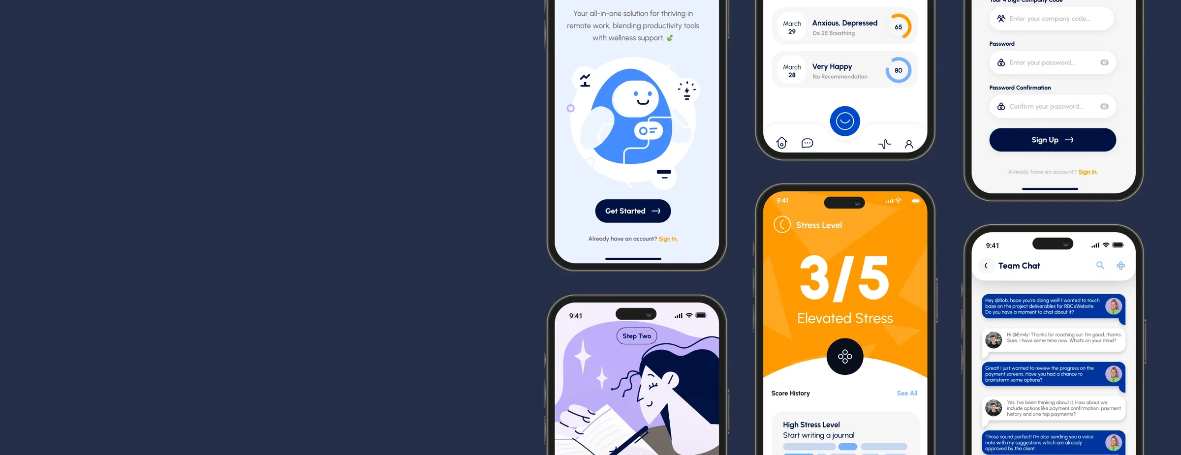 RemoteFit mobile app screens arranged on a dark blue background