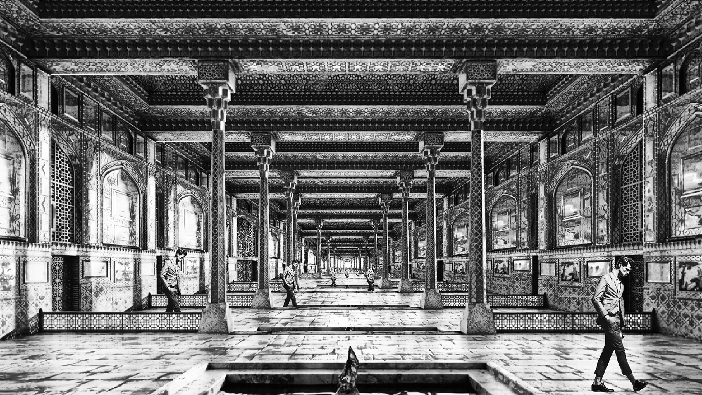 Wide architectural hall drawing