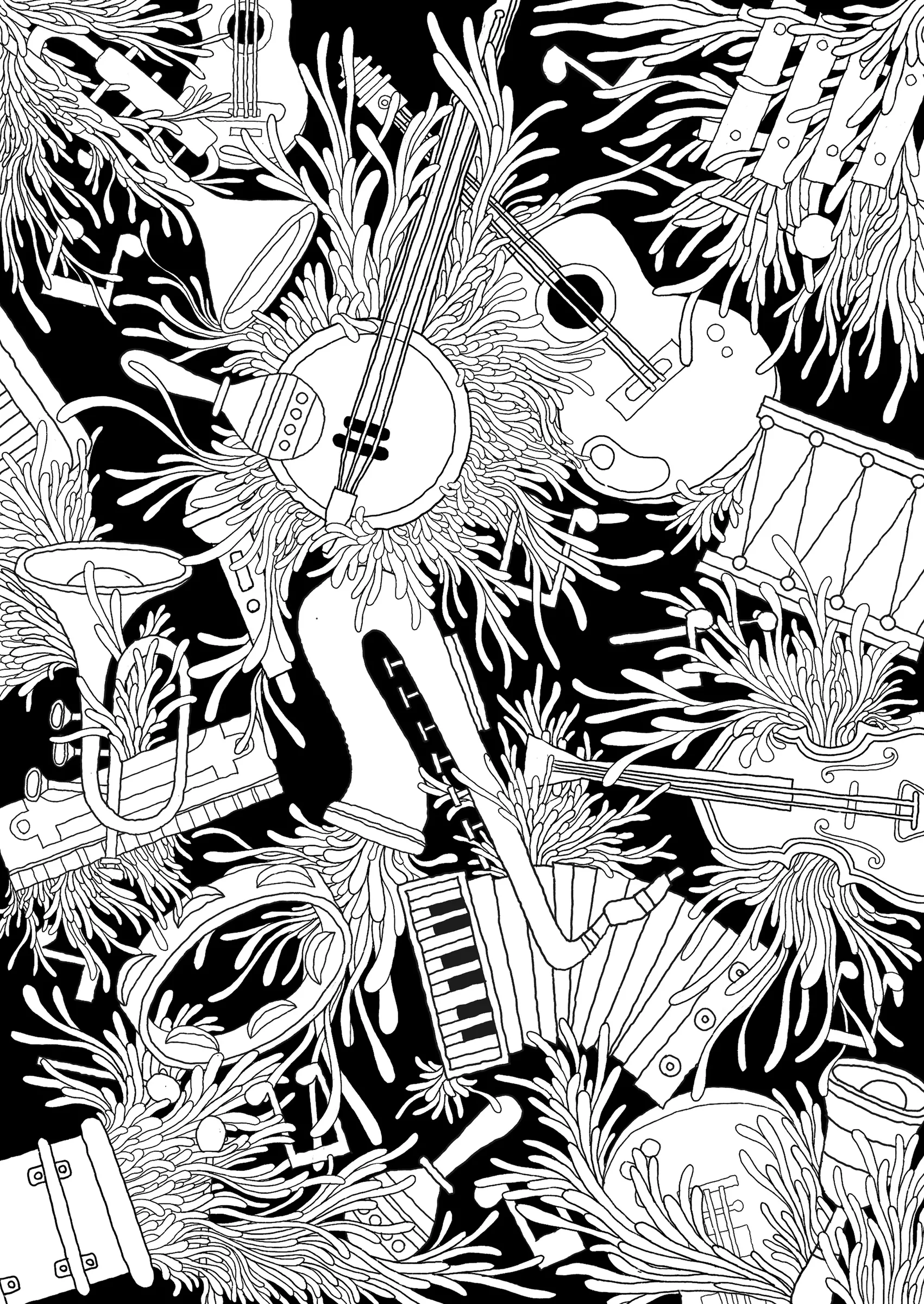Black and white surreal instrument illustration