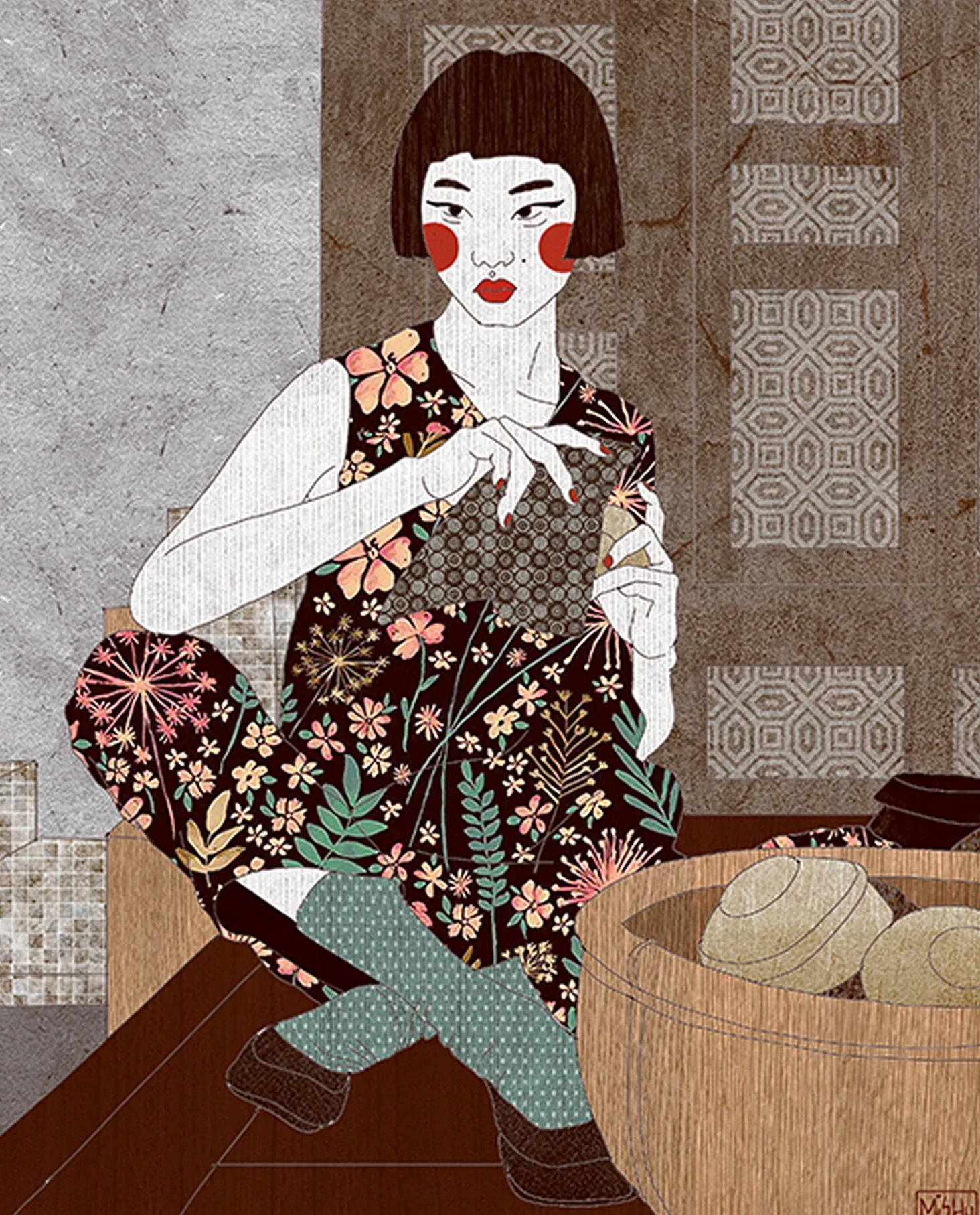 Seated floral figure illustration