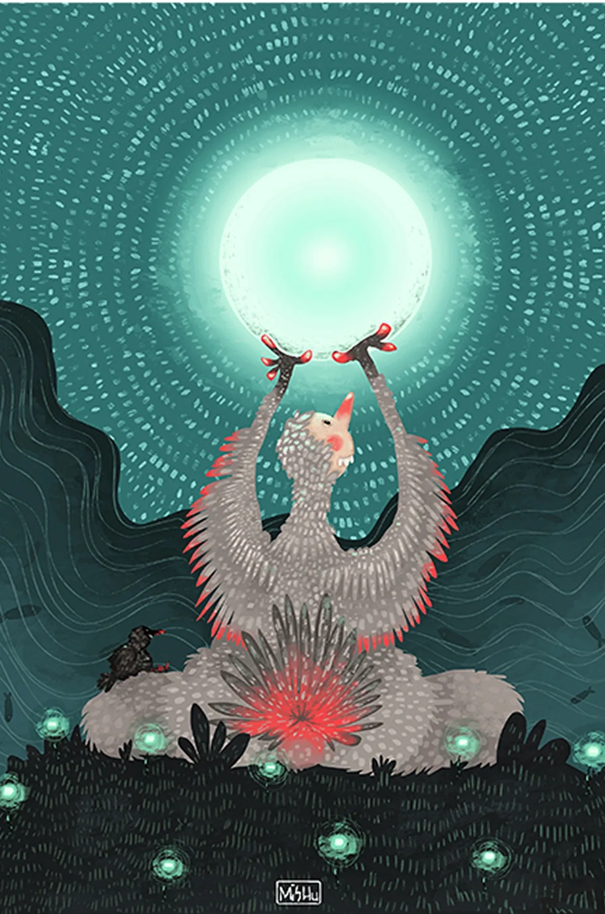Glowing bird ritual scene